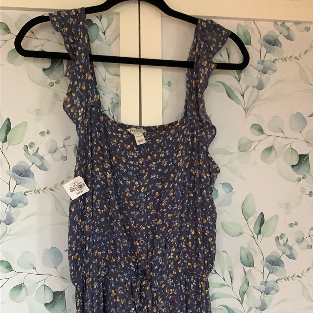 JCPenney Navy Floral Midi Dress. Buttons on front with elastic waist